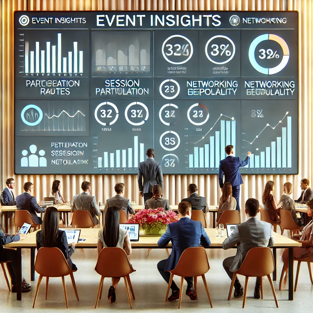 A professional conference scene with a large digital analytics dashboard displaying event insights and attendee engagement metrics. Organizers review session participation, networking data, and audience engagement trends.