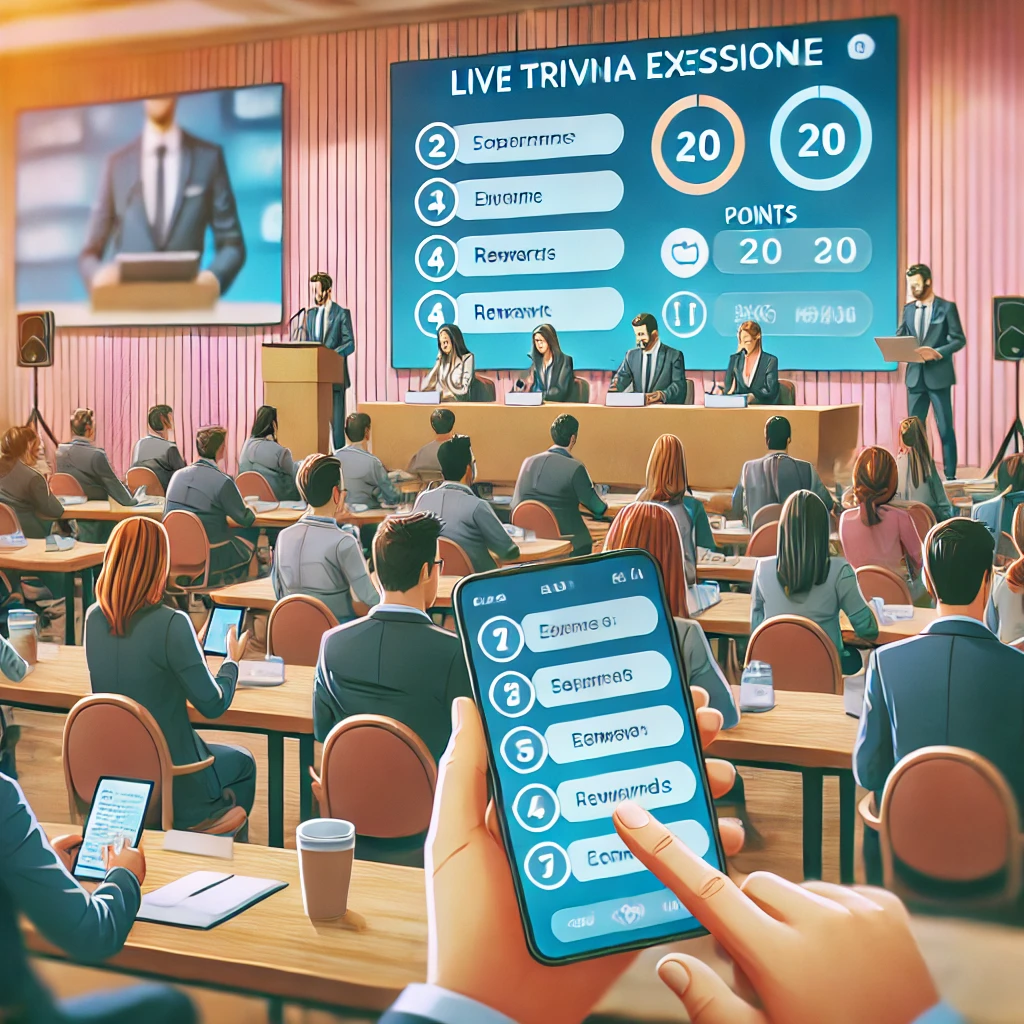 A professional conference session featuring a gamified learning experience. Attendees participate in a live trivia session displayed on a large screen, earning points and rewards for correct answers.
