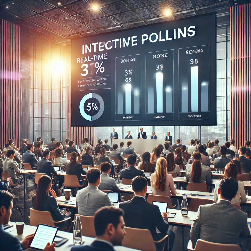 A professional conference scene featuring interactive polling. A large screen displays real-time poll results as attendees vote using their mobile devices, creating a modern and collaborative atmosphere.