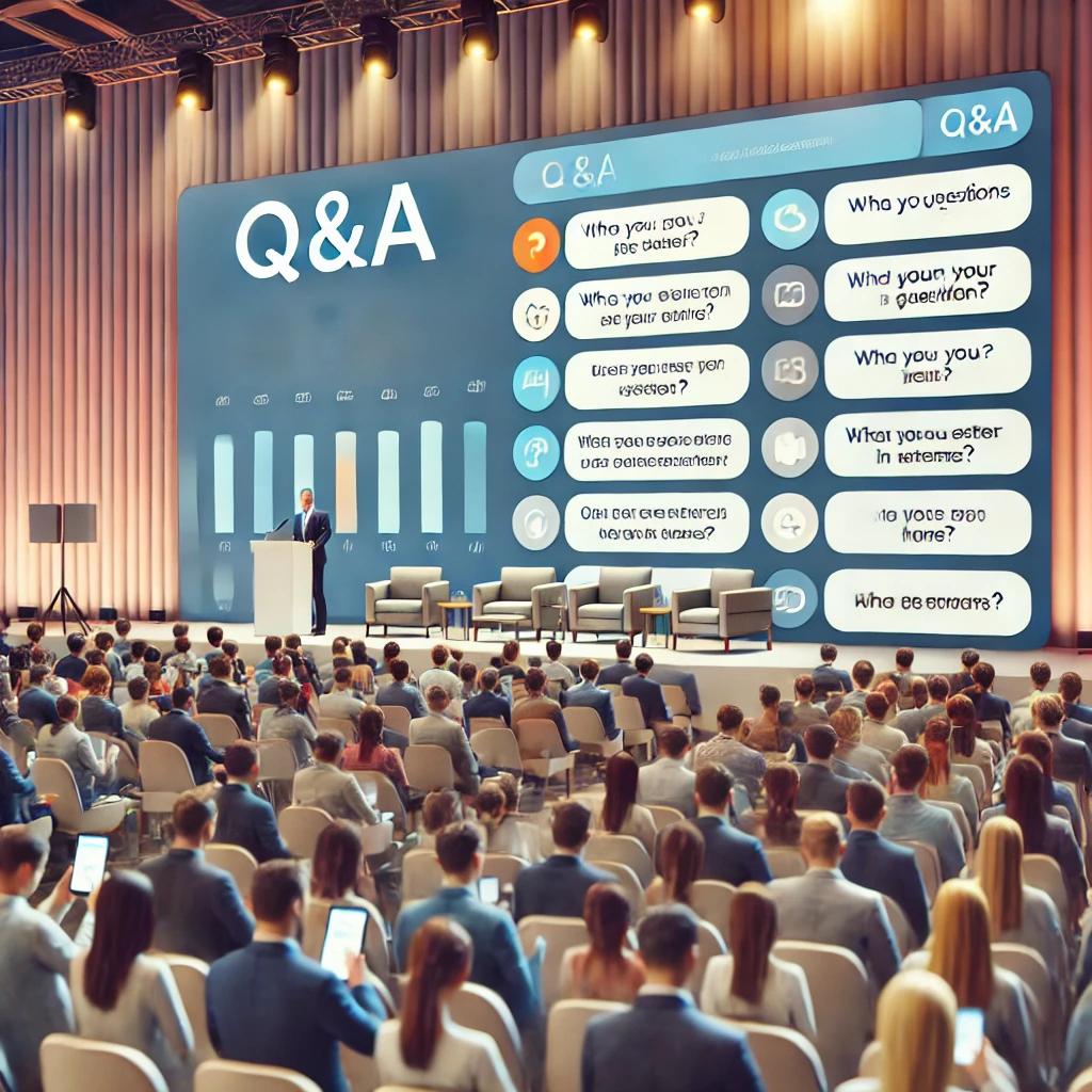 A conference setting where a speaker on stage interacts with a live audience through a digital Q&A board. Attendees submit questions via their mobile devices, with selected questions displayed on a large screen in real time.