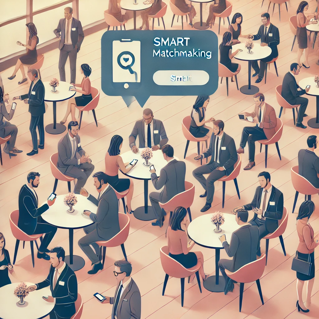 A professional networking session where attendees engage in smart matchmaking using mobile apps. People are exchanging business cards and having focused discussions at elegant round tables.