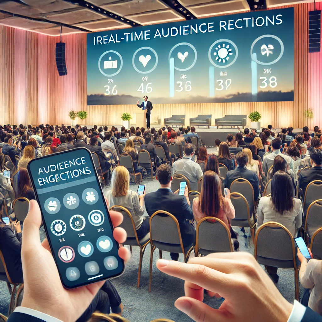 A professional conference session where a keynote speaker is using interactive engagement tools to connect with the audience. A large screen displays real-time audience reactions as attendees participate via their mobile devices.
