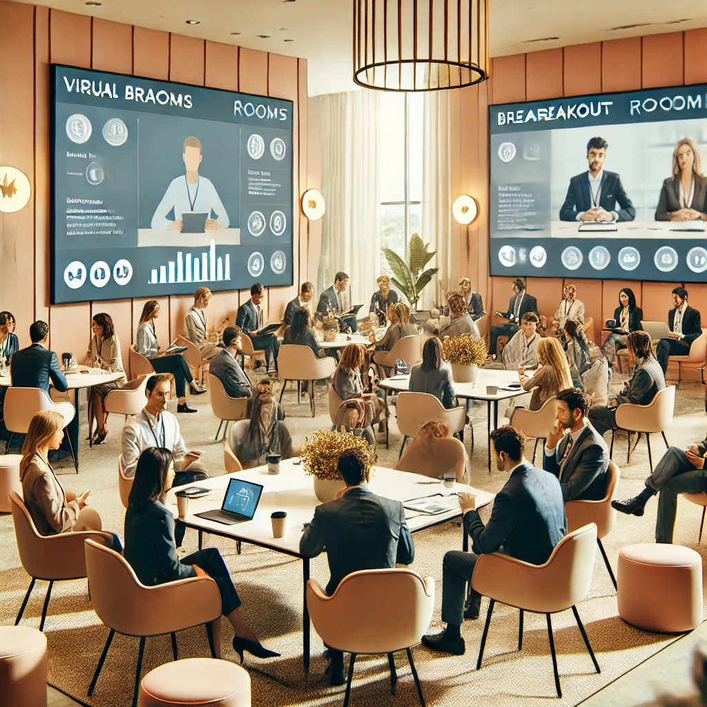 A conference breakout session with small groups of attendees discussing key topics in virtual breakout rooms. Large digital screens display discussion topics, creating an engaging environment for collaboration.